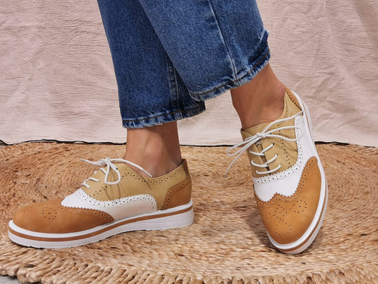 Mocassin bicolore camel et beige