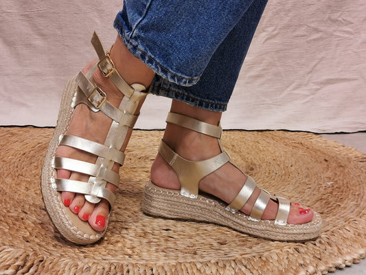 Sandales espadrilles compensées dorées